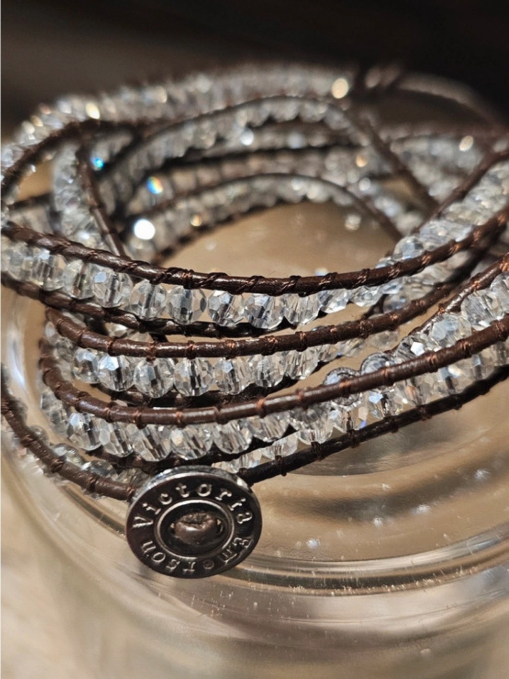Victoria Emerson Brown Leather Wrap Bracelet with Clear Crystal Beads